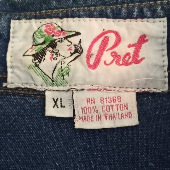 Vintage 80s Pret Embellished Blue Denim Shirt Dress XL Long Sleeve Button Up - Picture 8 of 8